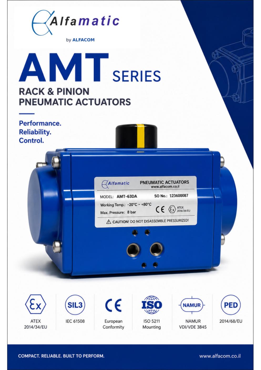 כריכת קטלוג ALFAMATIC AMT עם מפעיל פניאומטי דו־בוכנתי